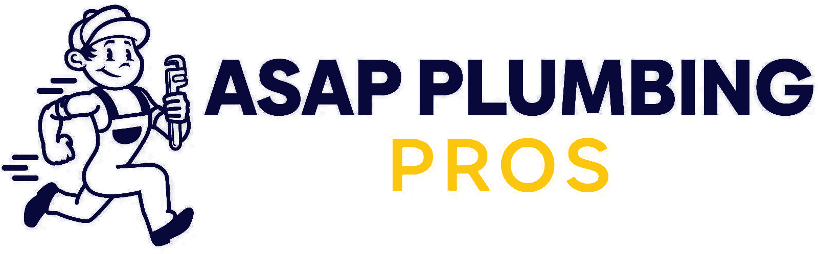 ASAP Plumbing Pros logo with cartoon plumber holding wrench in navy and yellow text